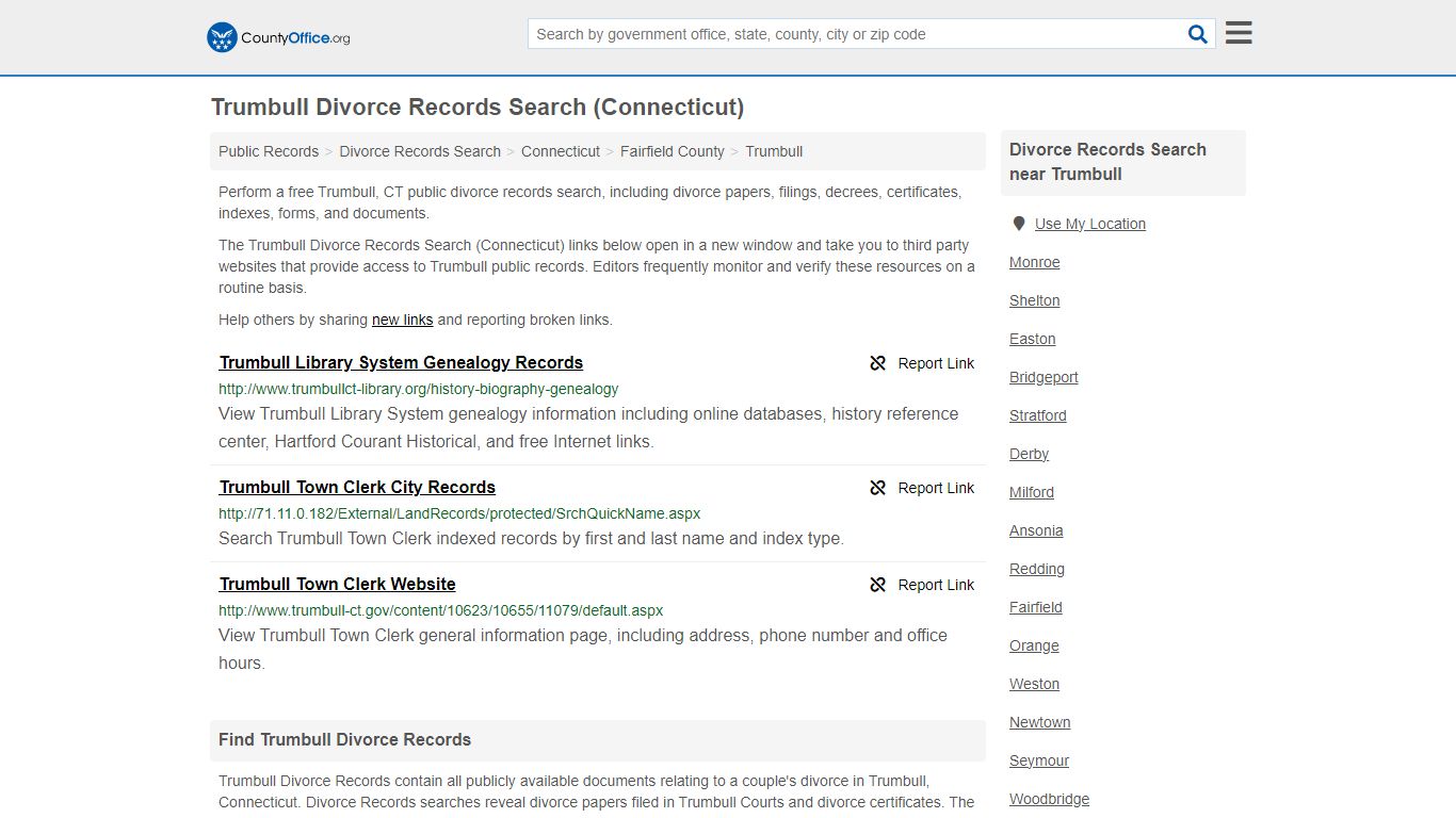 Trumbull Divorce Records Search (Connecticut) - County Office